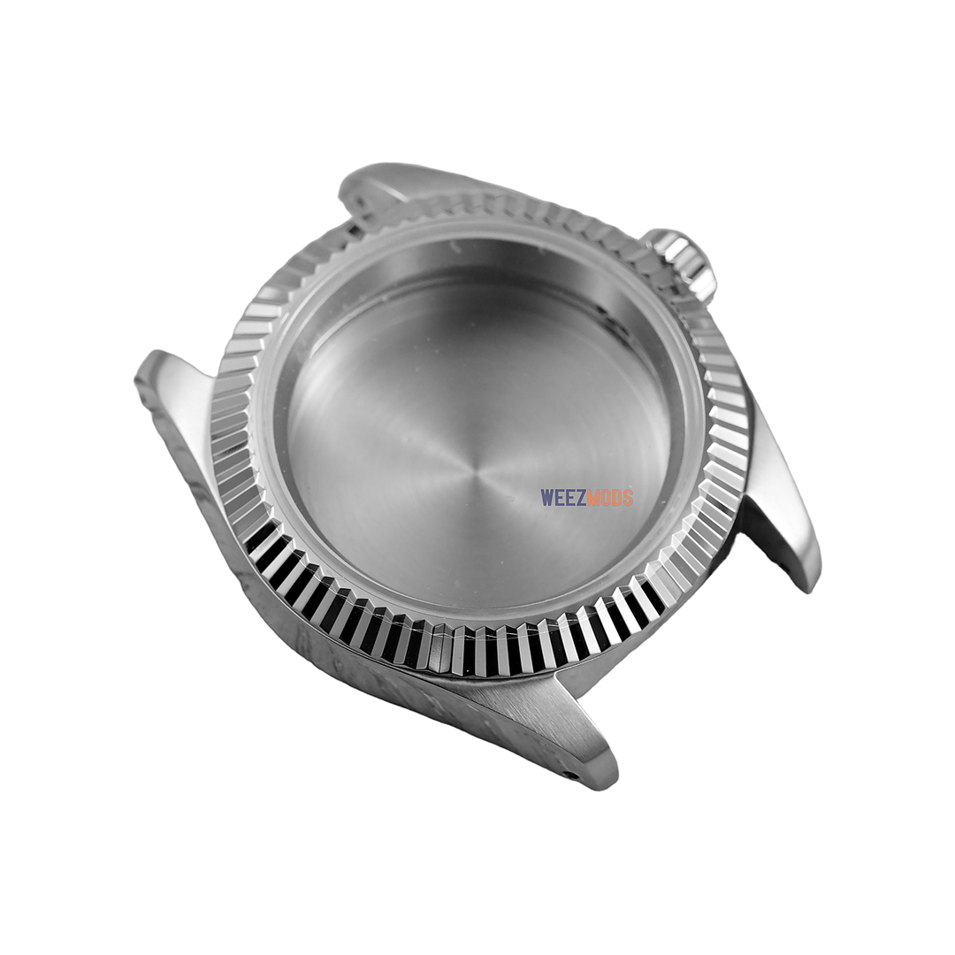 40MM Fluted: Brushed Silver with Flat Sapphire Case — balanced white background, 150px padding