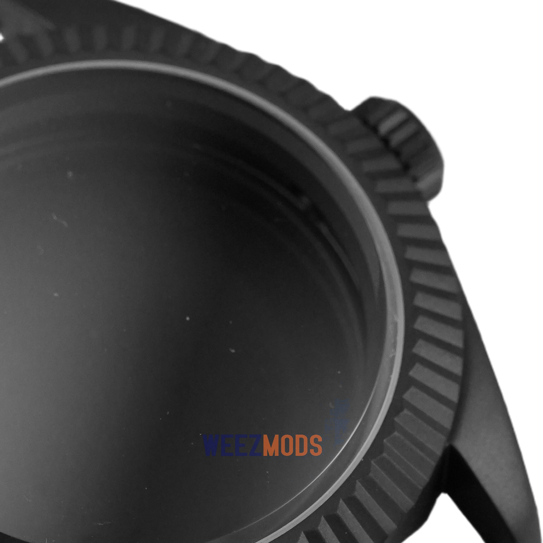 40MM Fluted: Matte Black with Dome Case — crown and crystal macro, corrected colour reflections