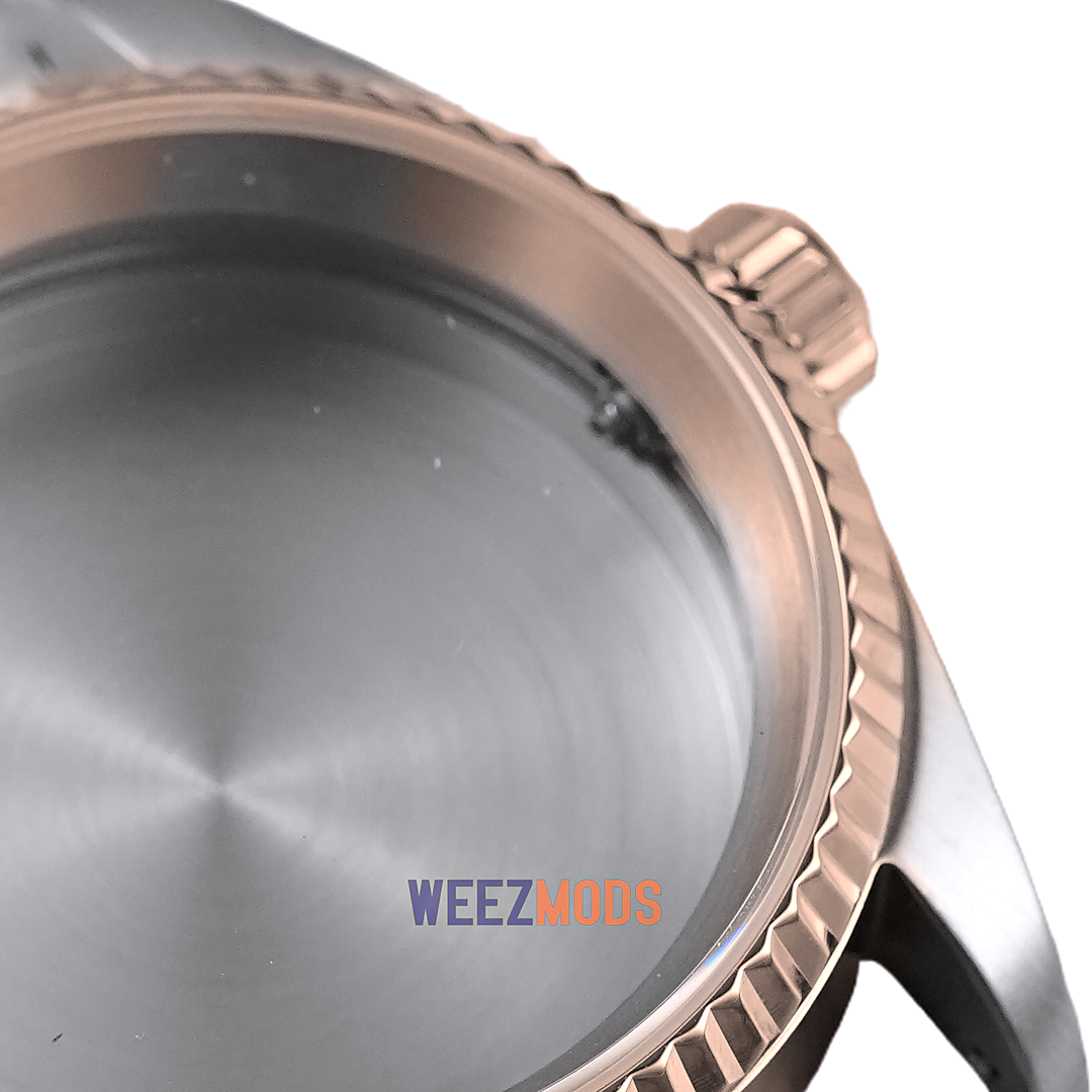 36MM Fluted: Two-Tone Rose Gold with Flat Sapphire Case — manually restored bezel edge, crown and crystal macro