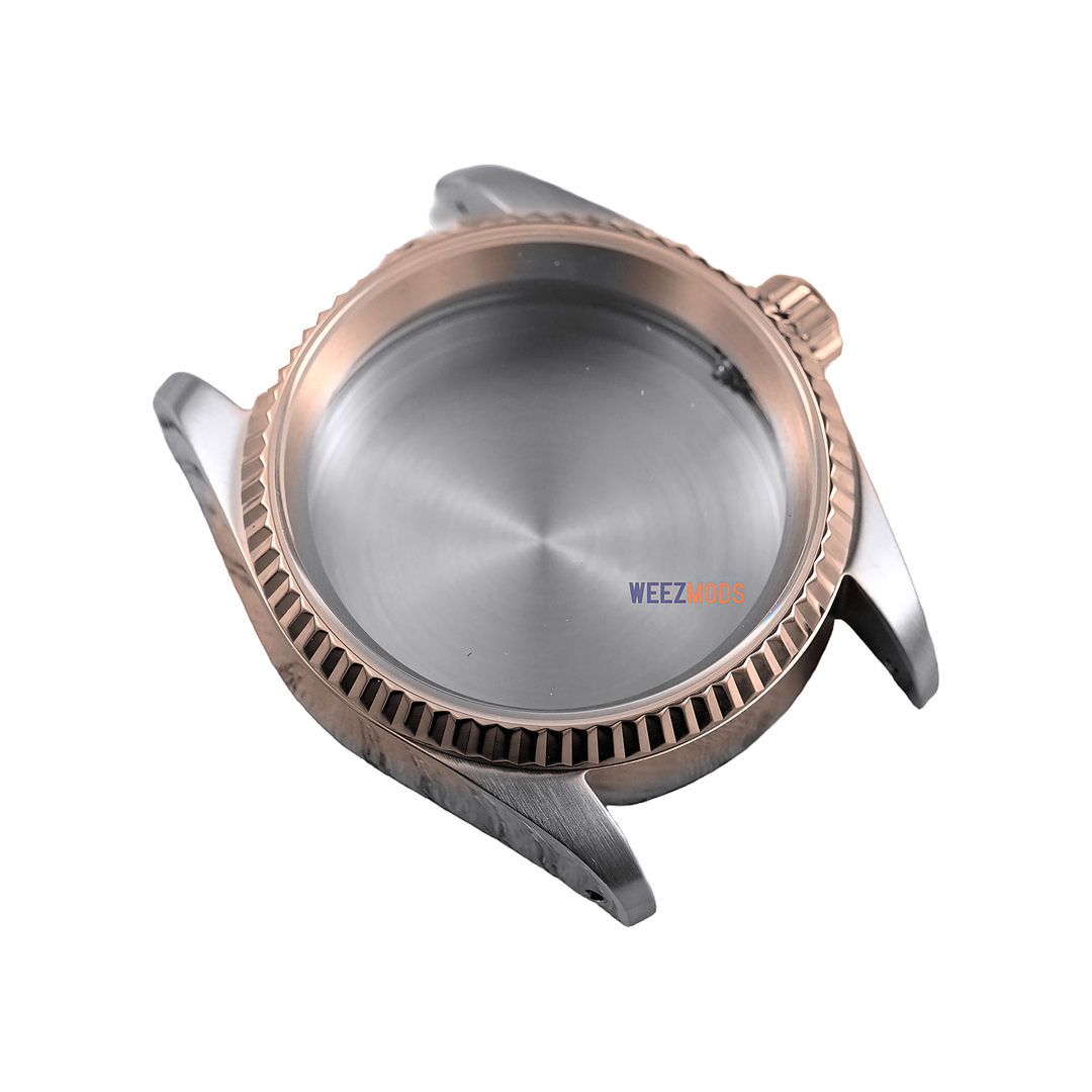 36MM Fluted: Two-Tone Rose Gold with Flat Sapphire Case — manually restored bezel edge, white background and balanced padding