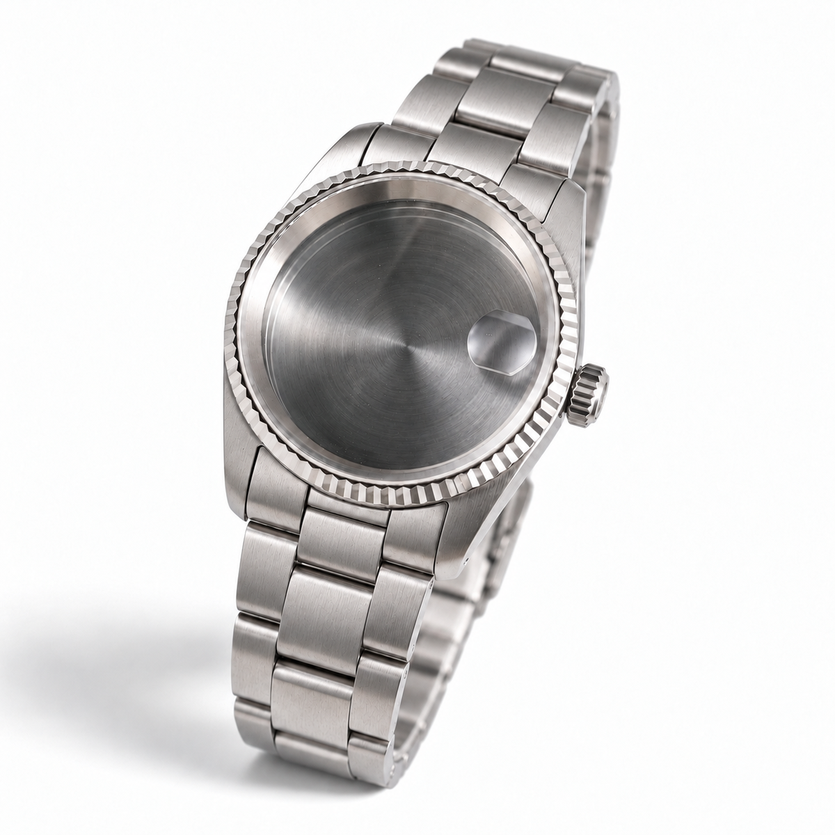 36MM Fluted: Brushed Silver Case with Cyclops & Oyster Bracelet — brushed Oyster links and female endlinks