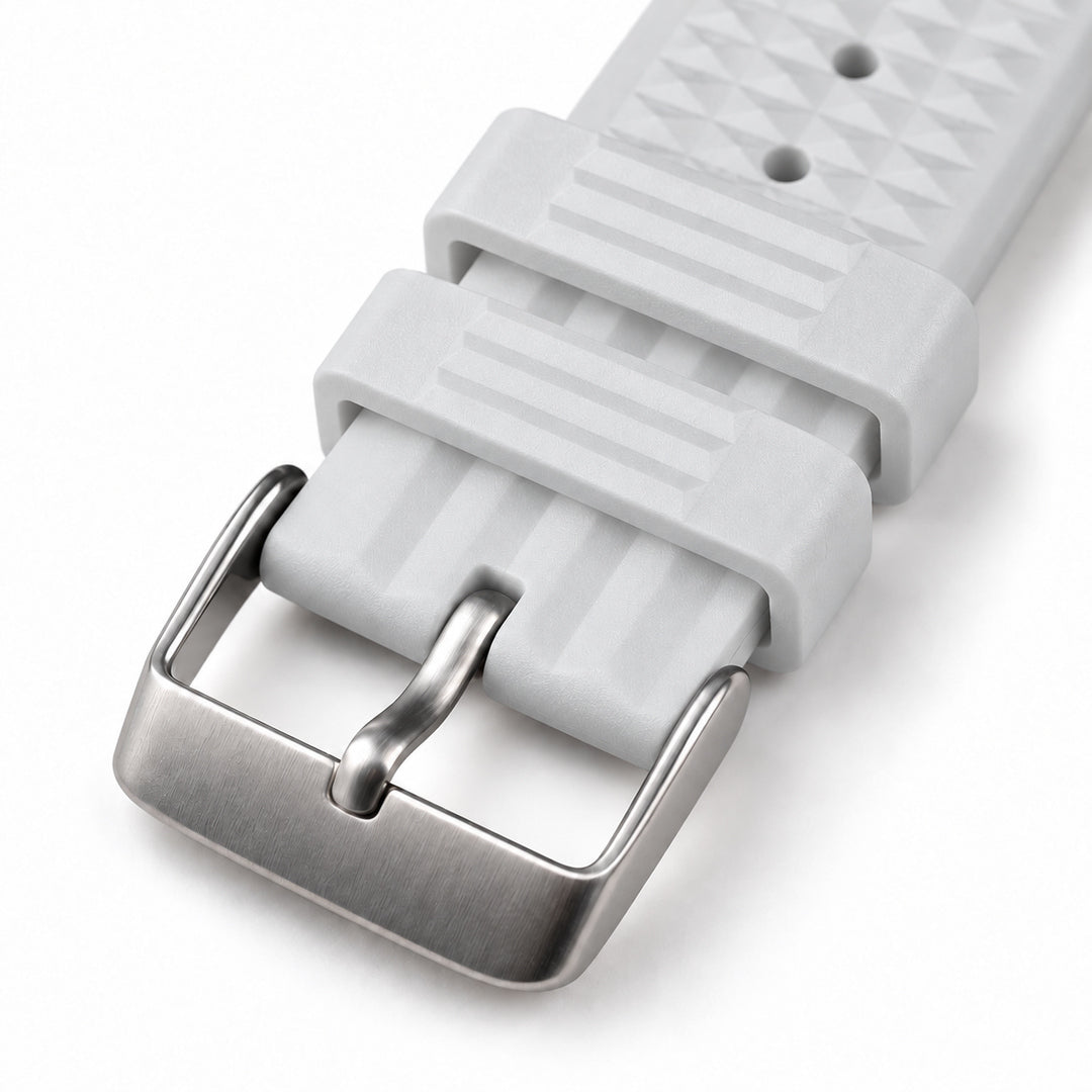 White Waffle: FKM Rubber Strap — buckle studio photo